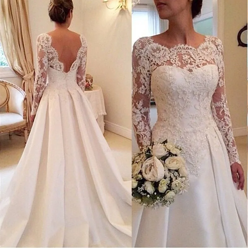 

2019 Elegant Vestido De Renda Lace Long Sleeves Wedding Dress Open Back A Line Plus Size Satin Skirt Bridal Gowns Fast Delivery