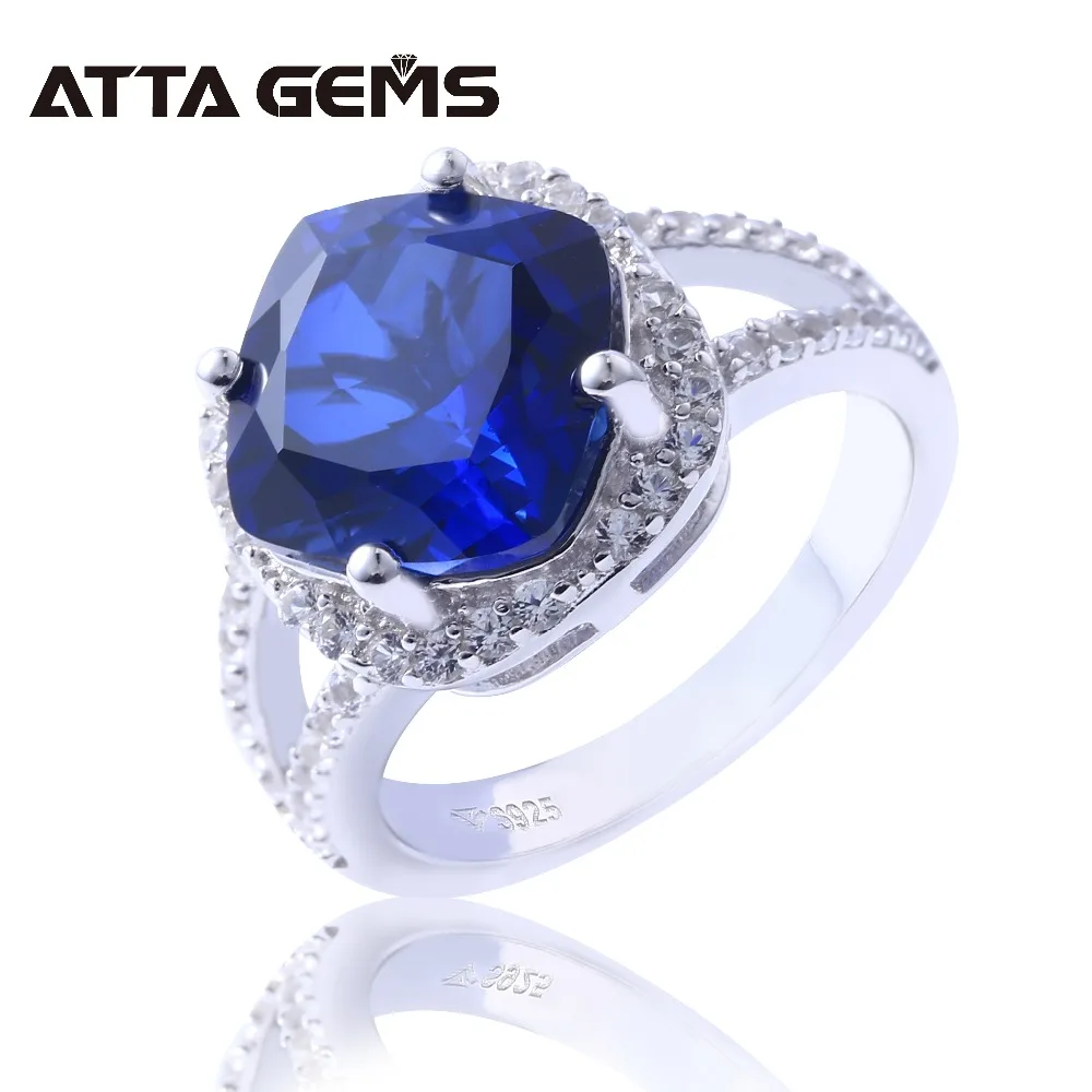 Blue Sapphire S925 Silver Rings for Women Wedding Engagement Birthday Ring 6 Carats Created Sapphire Faced Cushion Gemstone Ring