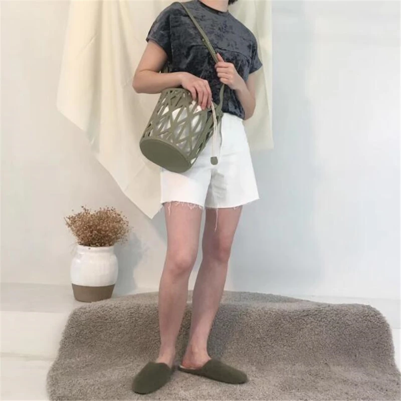 oco para fora drawstring balde saco feminino