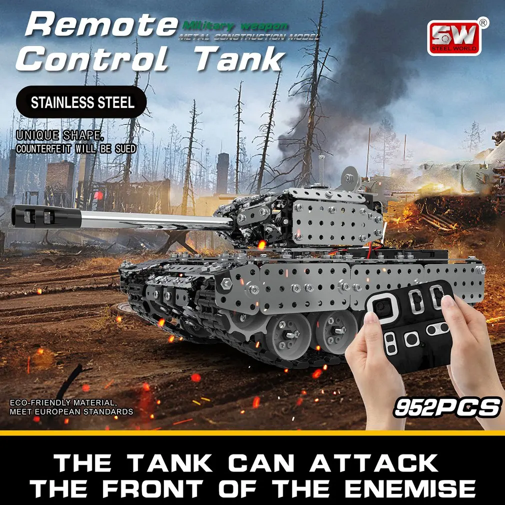  952PCS 2.4G RC Military Tank DIY Assembly set Stainless Steel Remote Control Model Toy Built-in 3.7