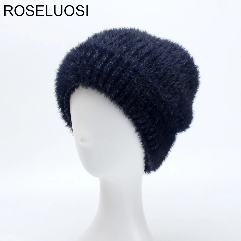 

ROSELUOSI Faux Mink Beanies Hats For Women Autumn Winter Thick Warm Knitted Caps Casual Solid Color Skullies Hat Female Gorras