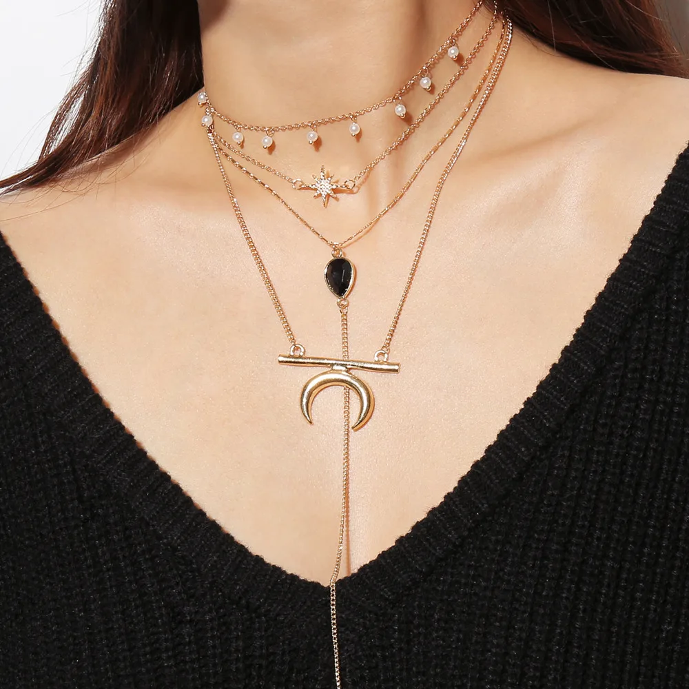 

VIVILADY Fashion Multi Layers Horn Star Cross Choker Necklace Women Gold Color Metal Chain Moon Boho Summer Jewelry Party Gift