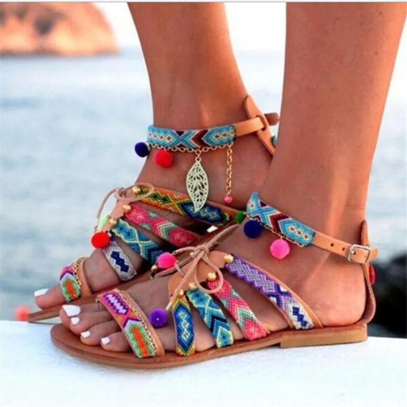 

Summer Shoes Women's Sandals Bohemian Gladiator Leather Sandals Flats Summer Shoes Woman Pom-Pom Sandals For Women sandalia