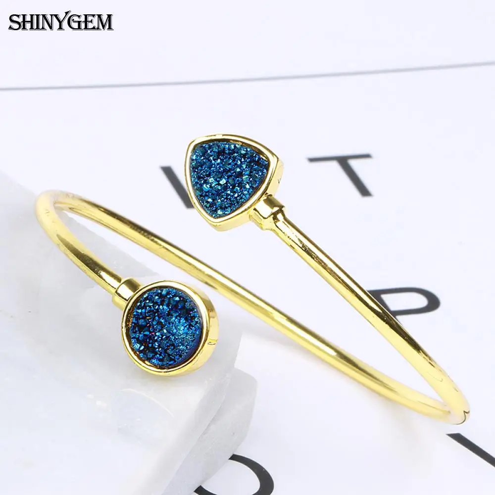 Браслеты ShinyGem, винтажные, сверкающие, Druzy, с кристаллами, открытые, позолота, треугольник, Круглый, натуральный, Druzy камень, браслет, браслеты для женщин