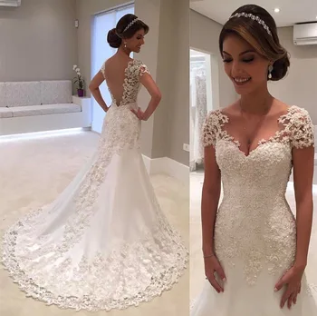 

Wedding Dress 2019 V-neck New Illusion Vestido De Noiva White Backless Lace Mermaid Cap Sleeve Wedding Gown Bride Dress