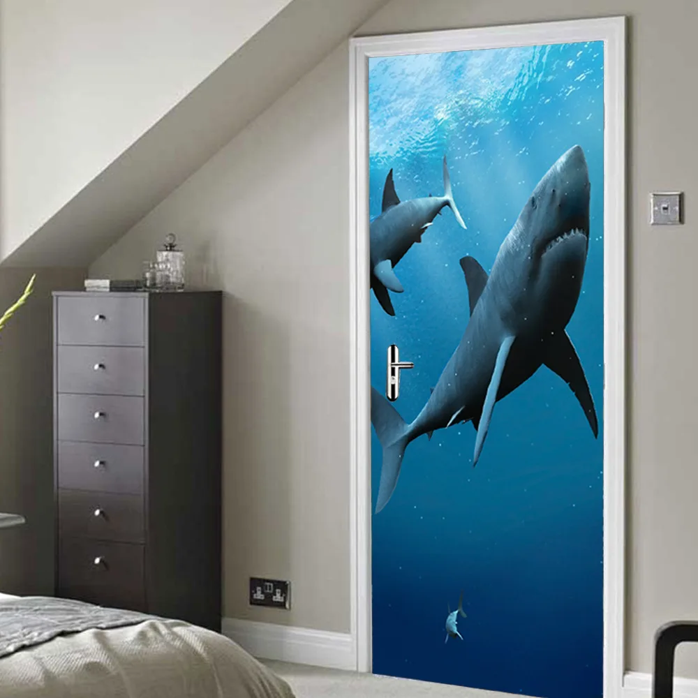 

Promotion Animals Seabed Shark Door Stickers Wallpaper Bedroom Living Room Door Background Decorative PVC Wall Stickers