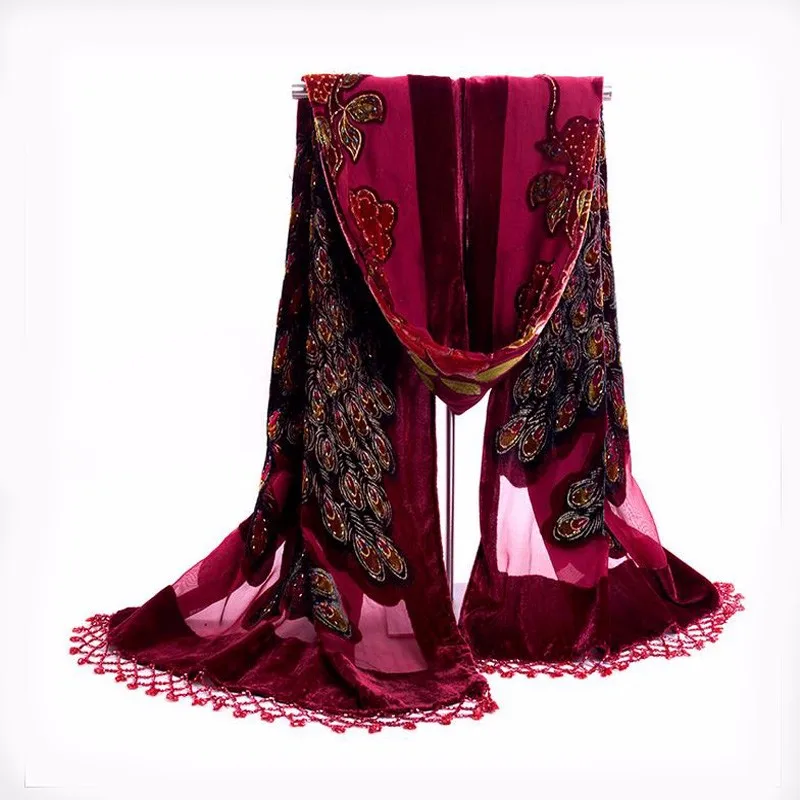 Винтажные бархатные шелковые шарфы с павлином в китайском стиле, Женская шаль с вышивкой бисером, длинный пашминовый палантин