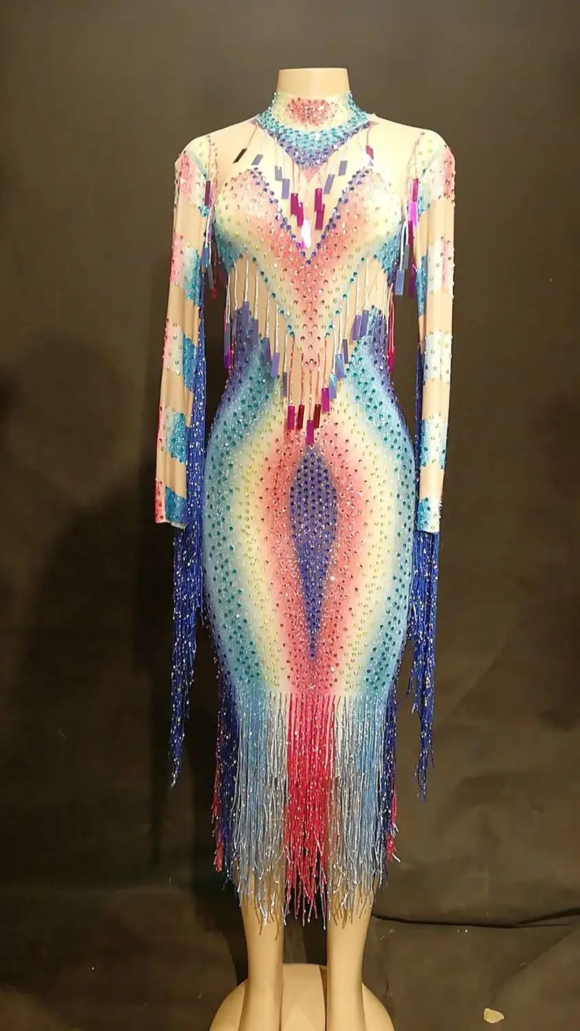 Для женщин пикантные Чистая Пряжа длинное платье Красочные Bling кисточкой пайетками сверкающими кристаллами сцена для ночного клуба Одежда Костюмы для - Цвет: Dress