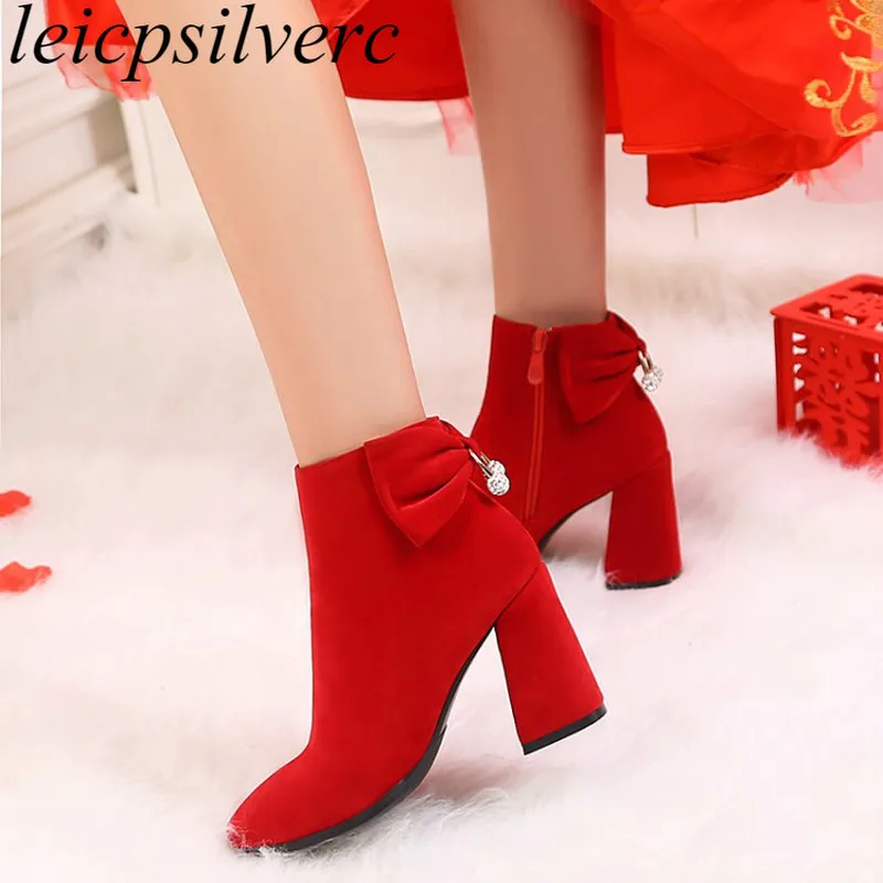 

Women's Boots Pointed Toe Elastic Ankle Boots Thick Heel High Heels Shoes Woman Female Flock 2018 Winter Socks Boots Black Red
