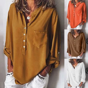 

Whoohoo Women Summer Casual V Neck Button Long Sleeve Solid Color Fit Loose Wild Tops Roupas Femininas