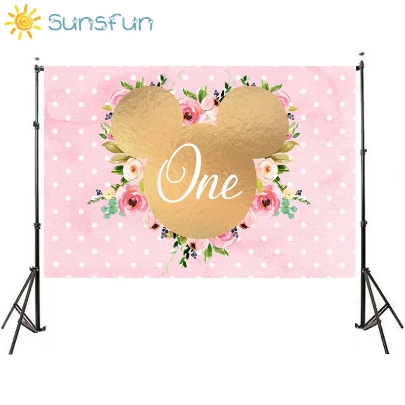 

Sunsfun Minnie Mouse Backdrop Baby Birthday Party Banner Photography Background Pink Point Flower Decoration Photobooth Custom