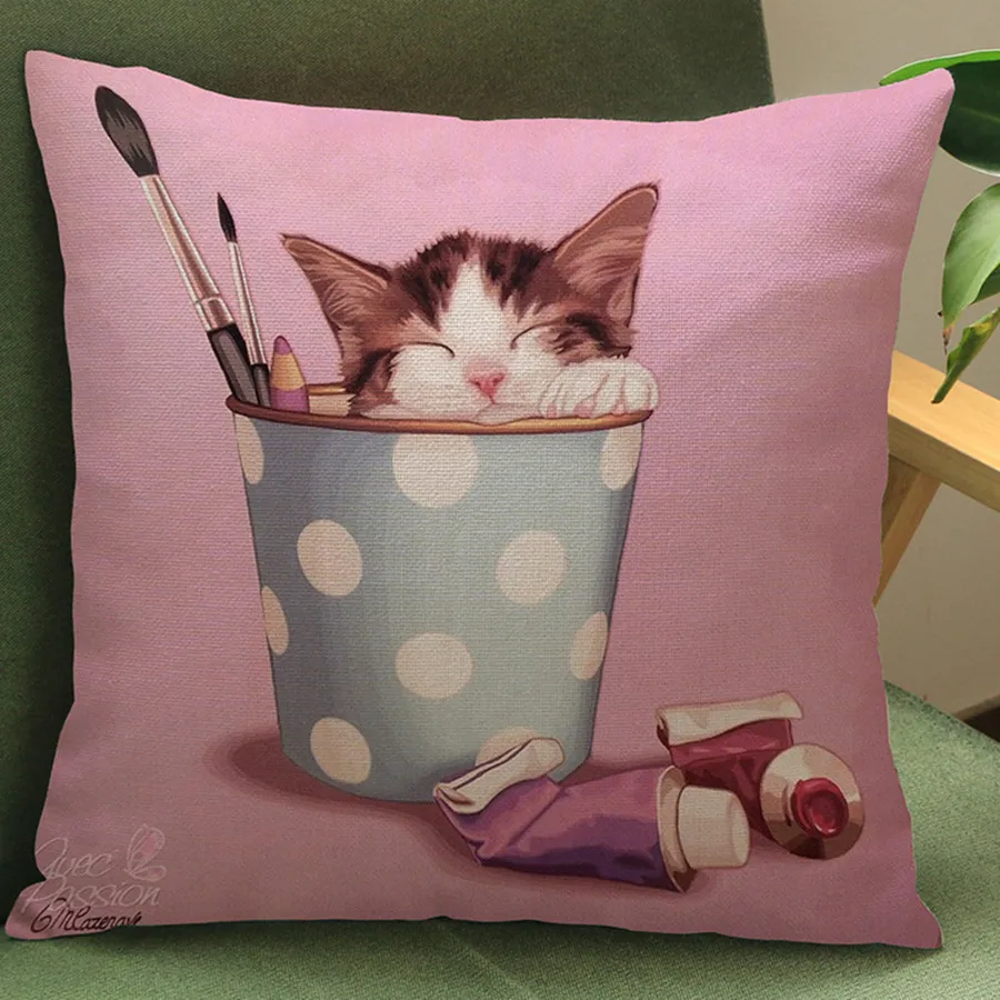 Наволочка из хлопка и льна с принтом в виде милых животных кошек собак|cushion