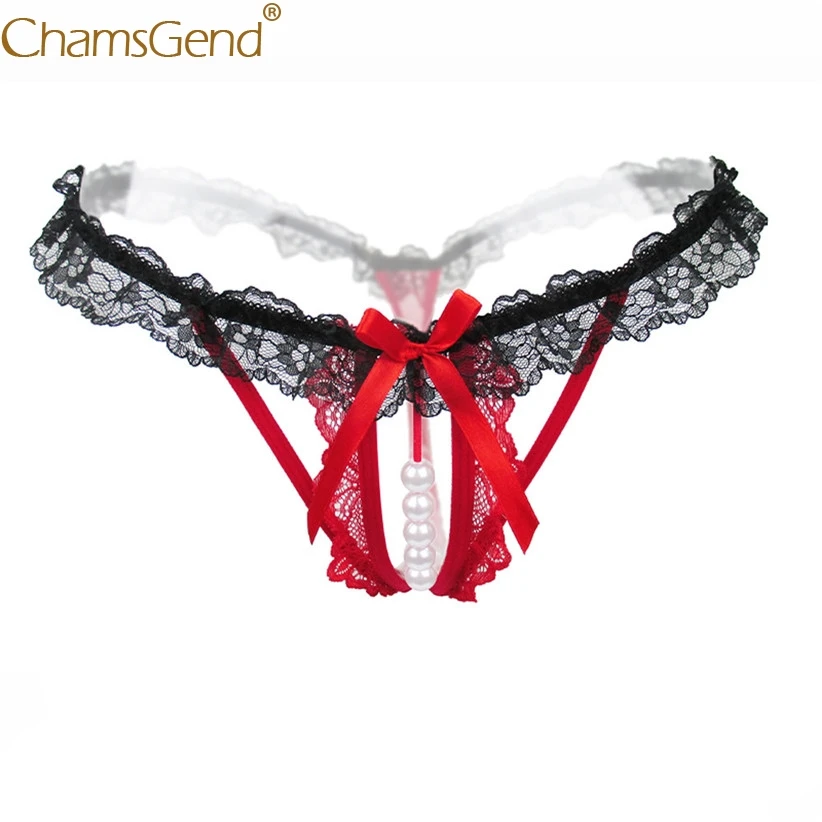 

Chamsgend Intimates Women Sexy Hot Underwear Transparent Hollow Lace Bow Crotch G String Sexy Thong with Pearl Beads 80111