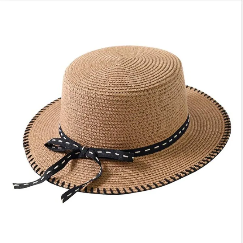 oZyc Lady Boater sun caps Ribbon Round Flat Top Straw beach hat Panama