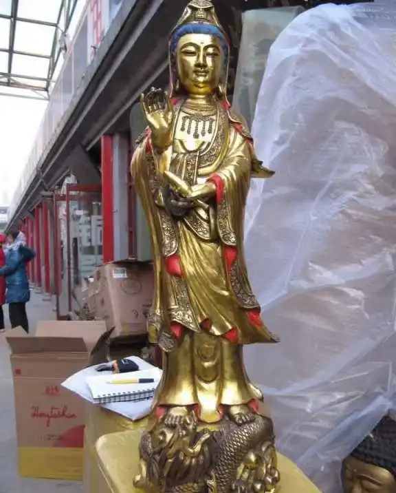 

32 China Copper Bronze Gild Kwan-Yin Bodhisattva Guan Yin Ride on Dragon Statue