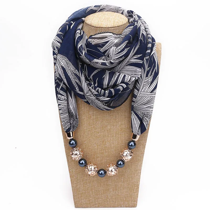 Многоцветный шифон печати вышитый бисером кулон шарф Элегантная Леди ожерелье платок, шаль мусульманские женские теплые хиджаб ювелирные изделия Шарфы