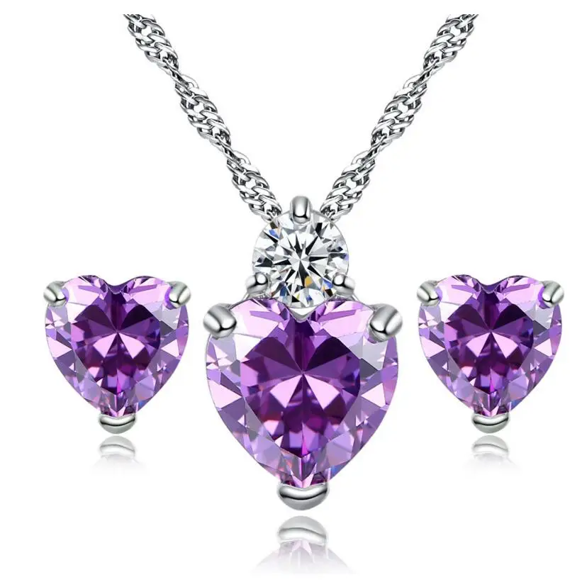Ювелирные изделия фиолетовый в форме сердца ожерелье, серьги-пуссеты набор женский свадебный подарок многоцветный