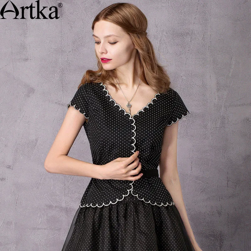 ARTKA Женская 2018 летняя рубашка в горошек с вышивкой модная v-образный вырез