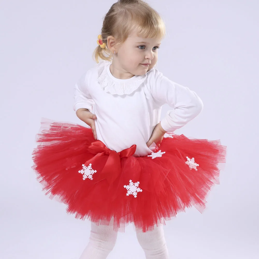 Christmas Red Color Snowflake Girl Tutu Skirt Puffy Cute Princess Girls New Year Ribbons Tulle Skirts Holidays Festival Costume