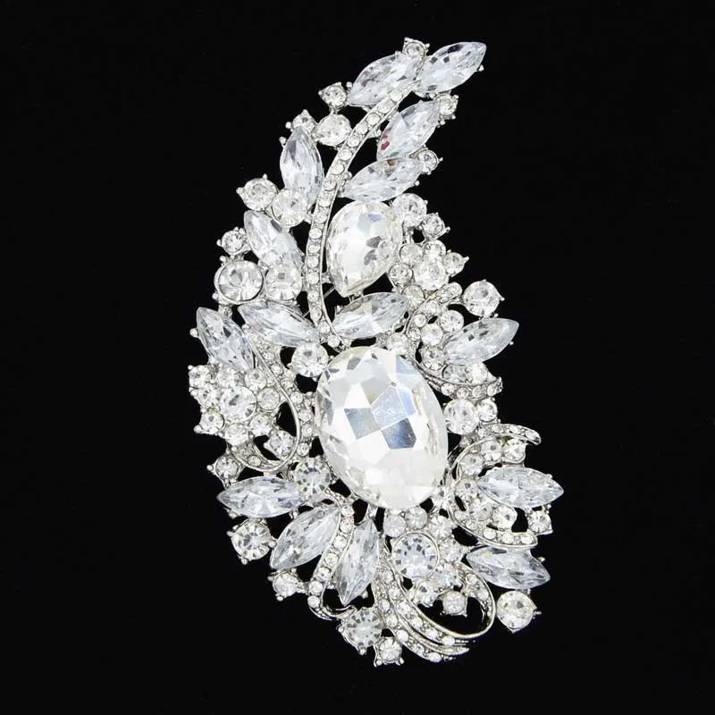 4," большой кристалл в форме листика серебряная брошь элегантный, Свадебный, для невесты броши на одежду синий кристаллический красочный кристально чистый кристалл брошь