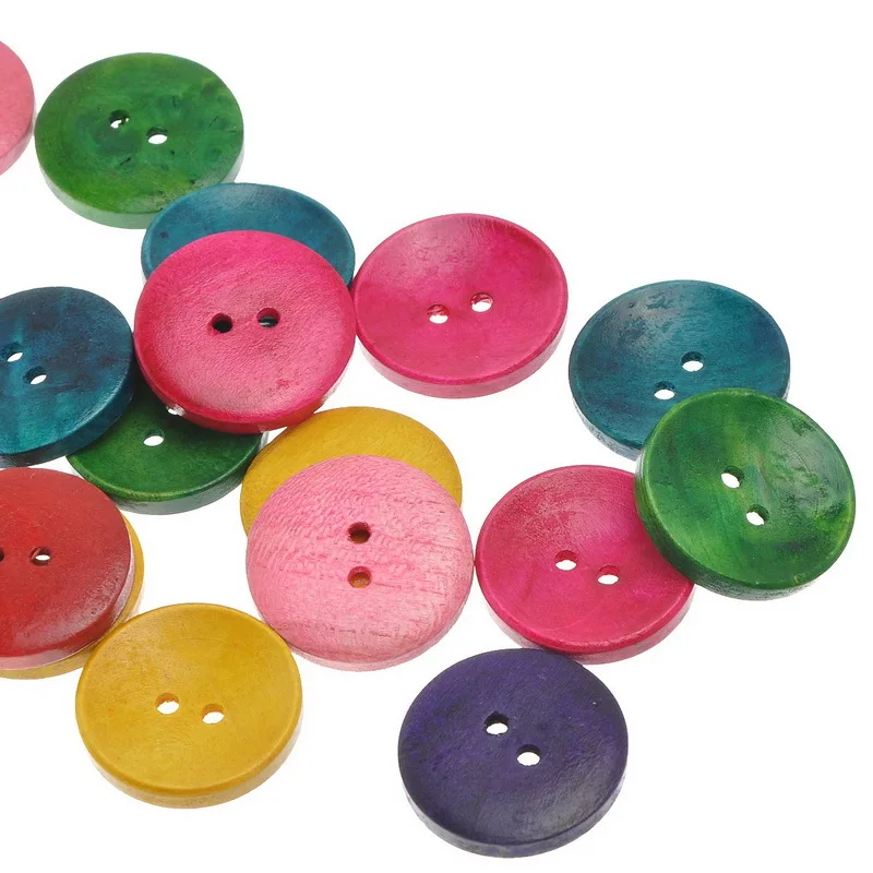 100PCs Wood Sewing Buttons 2 Holes Round Mixed 25m Sewing Accessories