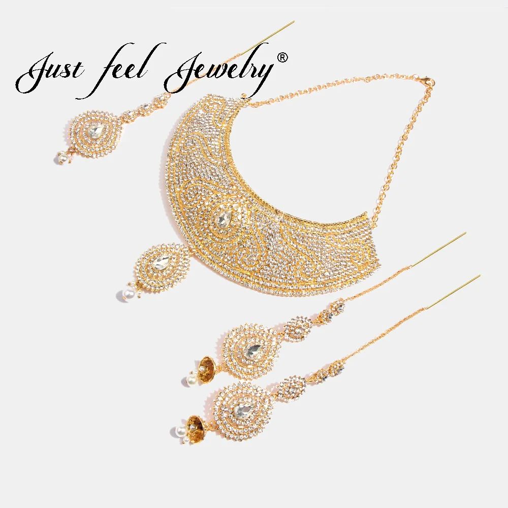 JUST FEEL Dubai Crystal Gold Color Jewelry Sets African Wedding Bridal Imitation Pearl Water Drop New Necklace Earring Headdress | Украшения