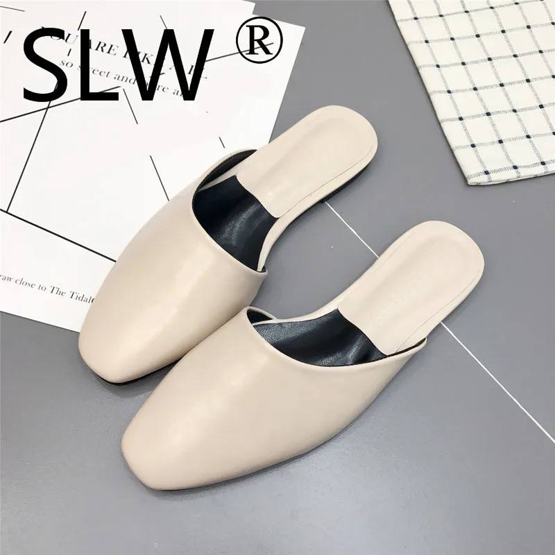 

flat heel closed toe slides spring summer new square toe mules woman shallow mouth shoes 2019 ladies flip flops brand design