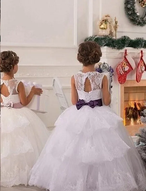 Красивое белое платье с цветочным узором для девочек; коллекция года; кружевное бальное платье с аппликацией; многослойное свадебное платье из органзы для маленьких девочек