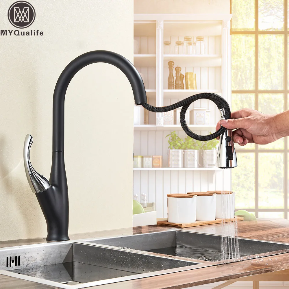 Black Chrome Pull Out Kitchen Sprayer Faucet Deck Mounted Pull Down