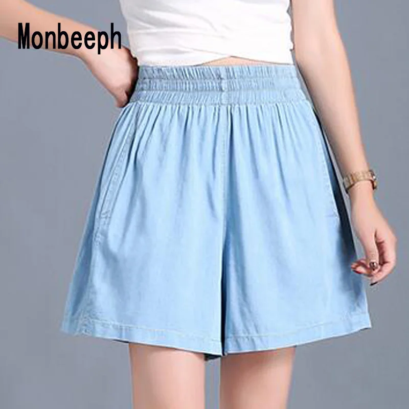 

Women Cotton Shorts 2019 Summer Fashion Sky blue Elastic Waist Short Woman Casual loose Harem Shorts