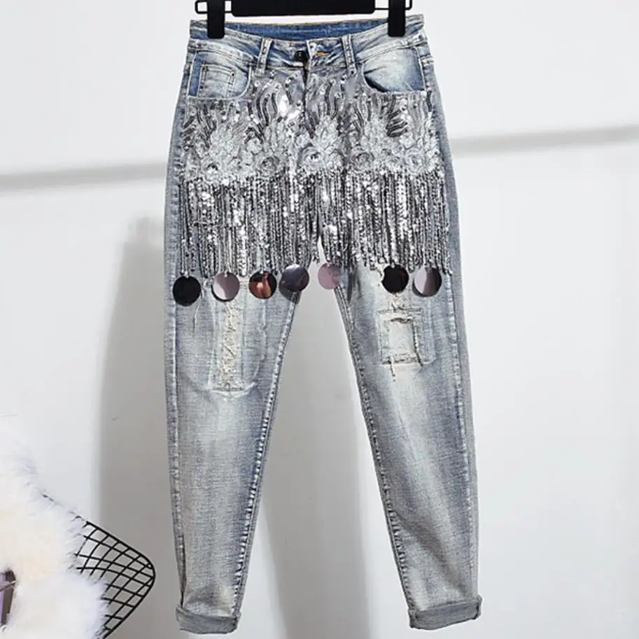 

plus size 26-30 Stretch Skinny Jeans WomenDenim Ripped Skinny Beading Vintage Casual Jeans With Luxury Sequined
