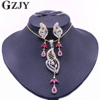 

GZJY Fashion Pure Double Gold Color Red Zircon Earrings Pendant Necklace Jewelry Set For Women Wedding Party Jewelry Gift
