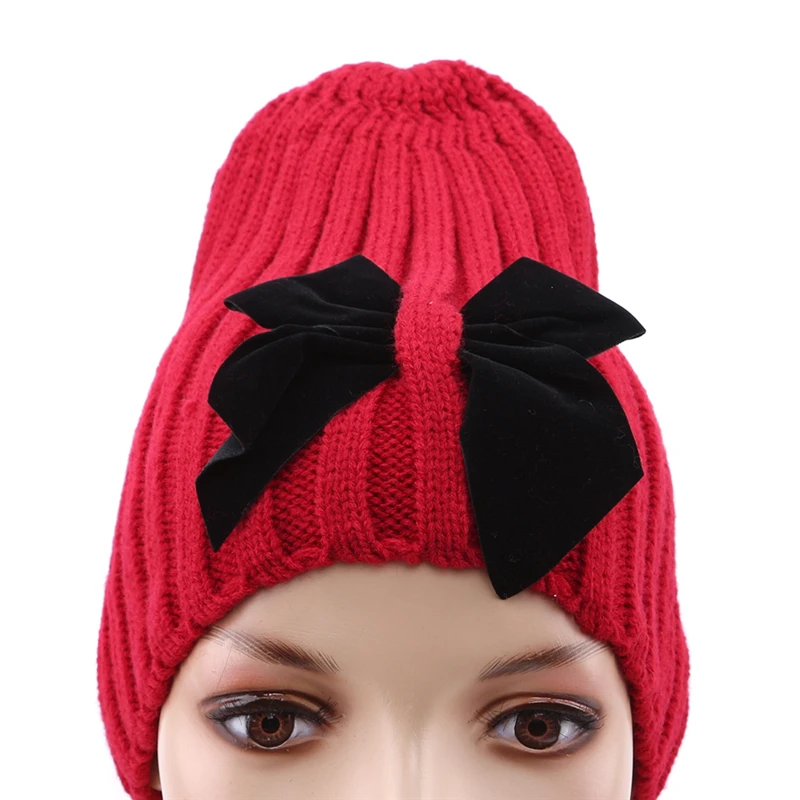 Милые вязаные шапочки с бантиком, шапка для детей, Подарок Skullies, шапка s Bonnet, вязаные шапочки, зимние теплые лыжные шапки с бантиком, Gorros