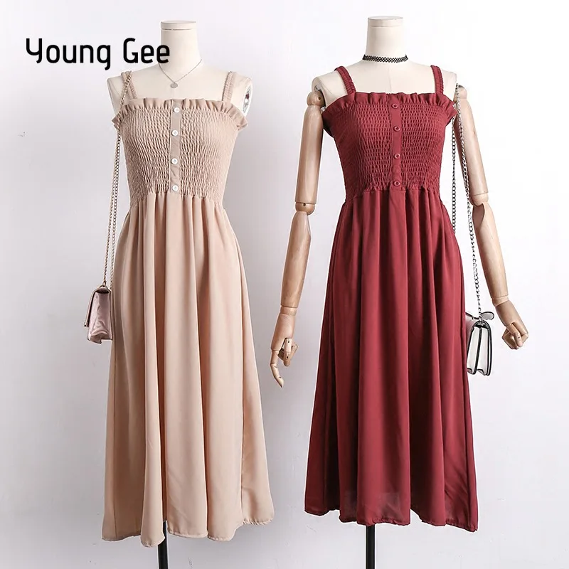 

Young Gee Beach Dress Women Summer Sexy Spaghetti Strap Folded Sundress Sleeveless Boho Casual Swing Chiffon Dresses Vestidos