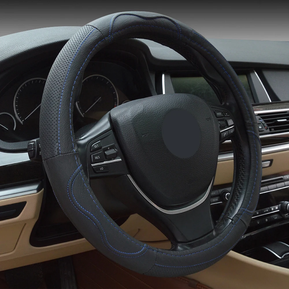 

Universal Genuine Leather Car Steering Covers M Size 37cm 38cm Fits Most Car Black Red Blue