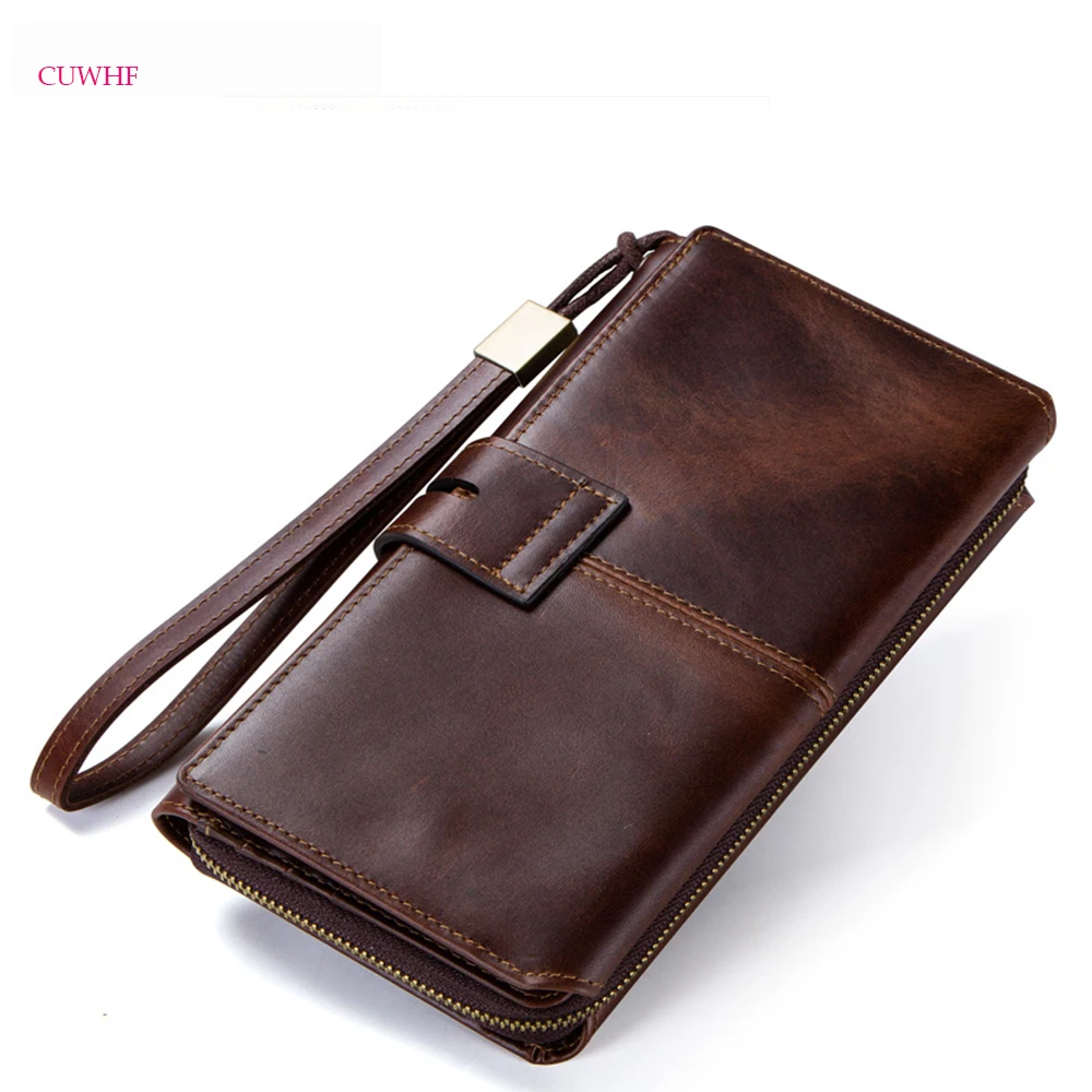 

New zipper buckle Genuine Leather Long section Men's Wallets Coin Purses Male Credit Cards Holder Business men's clutch wallet
