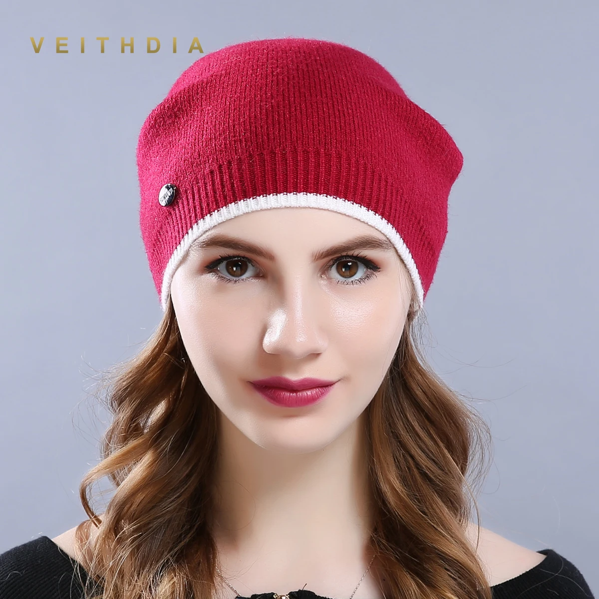 VEITHDIA, женские шапки, вязанные, шерсть, осень, зима, повседневные, высокое качество, бренд, новинка,, фланцевая шапка, женские, Skullies Beanies - Цвет: Бургундия