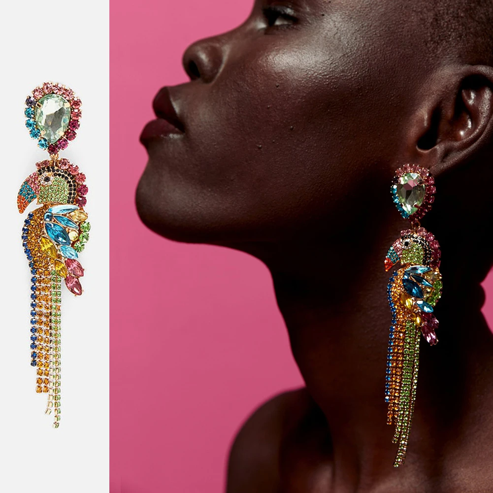 

Flatfoosie Colorful Crystal Birds Fringed Drop Dangle Earrings ZA Wedding Jewelry Bohemian Wholesale Women Fish Dangle Earring