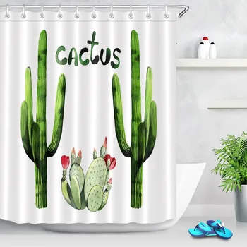 

LB White Shower Curtain Tropical Plants Watercolor Green Cactus Waterproof Polyester Bathroom Curtains For Bathtub Home Decor