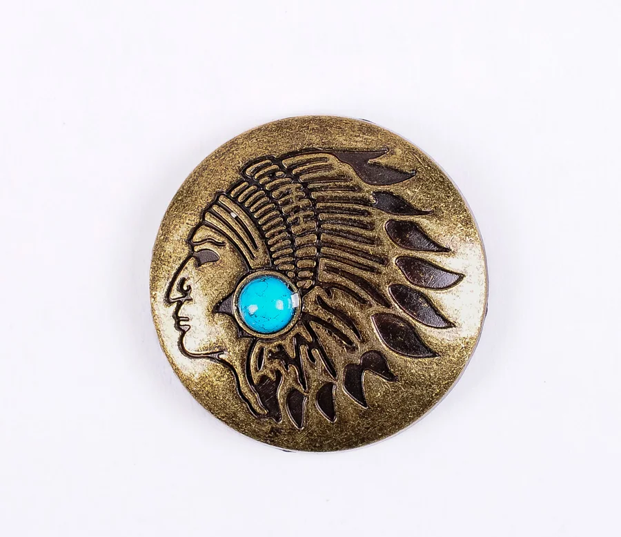 10-Piece Antique Brass Indian Head Turquoise Concho Set - Leathercraft Belt & Clothing Decor, Alloy