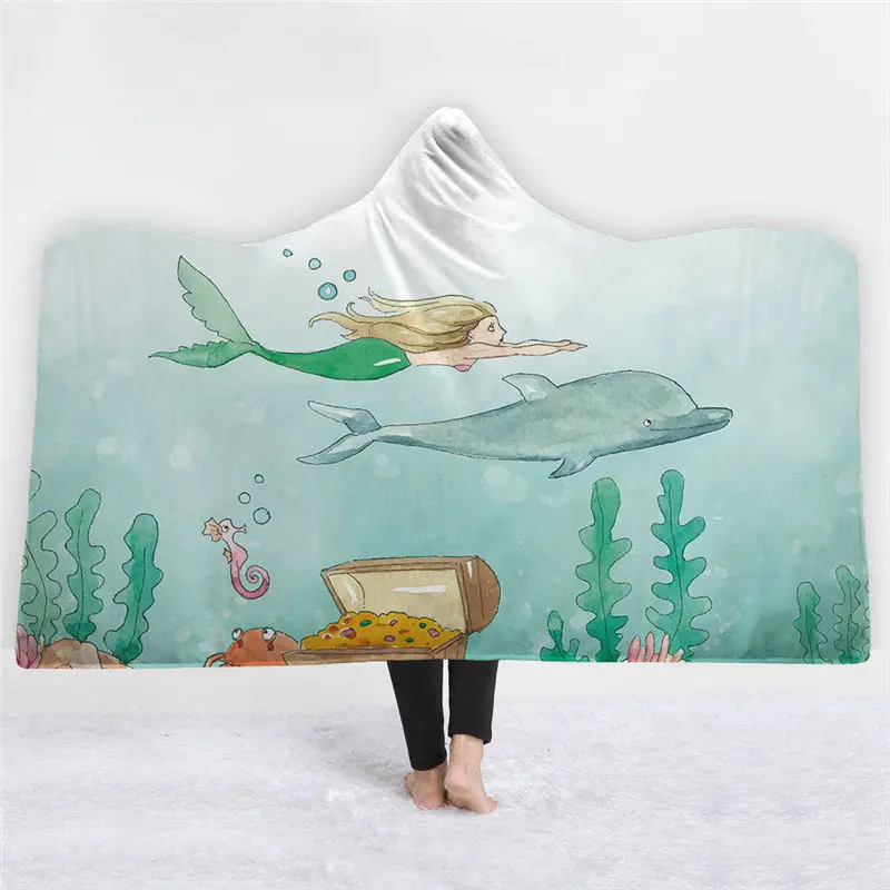 

Hooded Blanket Ocean Scenery Print Spring Winter Warm Thick Wearable Sofa Bed Throw Blanket Sherpa Fleece Soft Bedding Home Deco