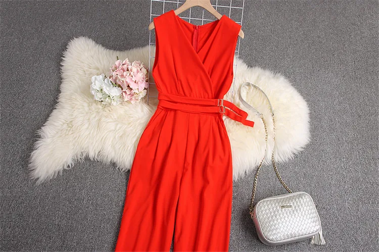 Sleeveless V-neck High Waist Sashes Wide Leg Jumpsuit