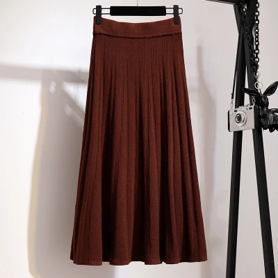 Винтажная элегантная зимняя женская юбка-свитер размера плюс XXL, эластичная талия, плиссированная трикотажная юбка средней длины, а-силуэт, женские плотные юбки - Цвет: wine red 02