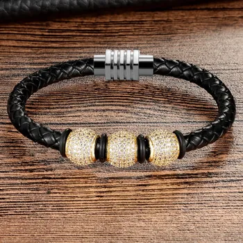 

XQNI Top Genuine Leather 316L Stainless Steel Magnetic Buckle 12mm CZ Bead Men Women Leather Bracelet Male Unisex Bangle