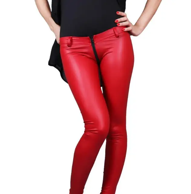 red pu pants