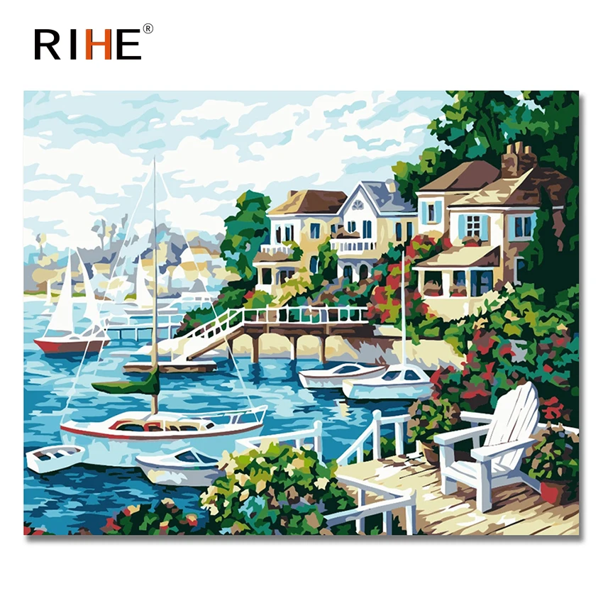 

RIHE Boat Beach Diy Painting By Numbers Abstract Sea View Room Oil Painting On Canvas Cuadros Decoracion Acrylic Home Decor 2018