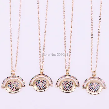 

10Pcs New Fashion Gold Chain Necklace With Rainbow Zirconia Micro Paved Heart Women Pendant Necklaces For Party Jewelry