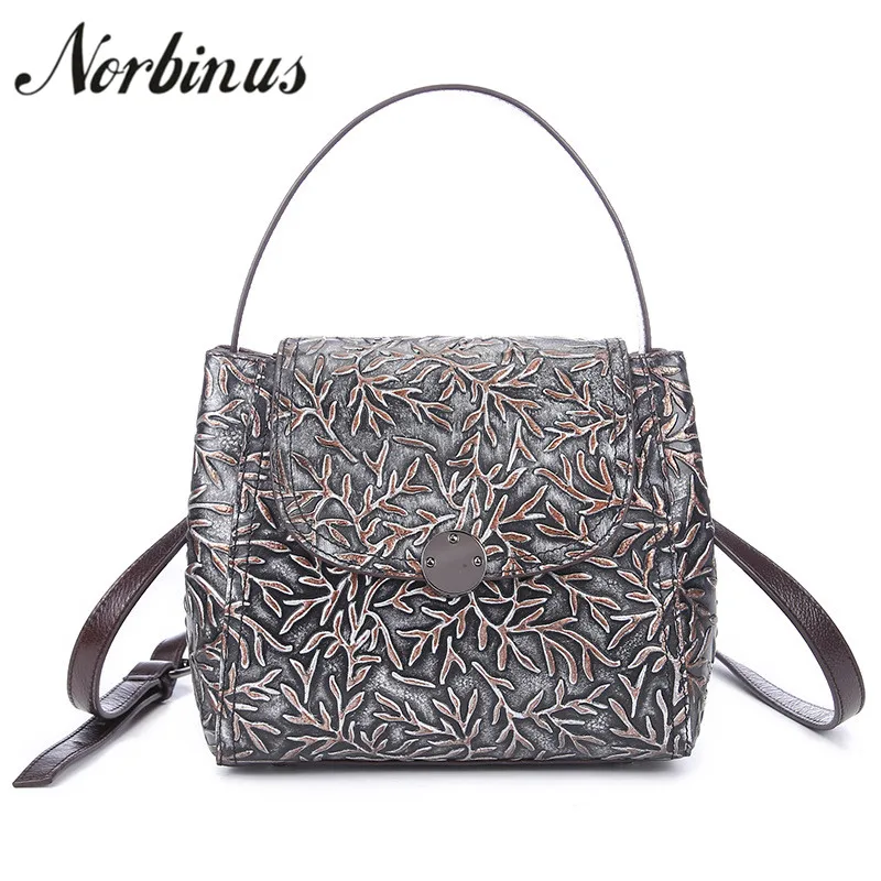 

Norbinus Fashion Women Genuine Leather Handbag Floral Ladies Messenger Shoulder Crossbody Bag Embossed Small Tote Top Handle Bag