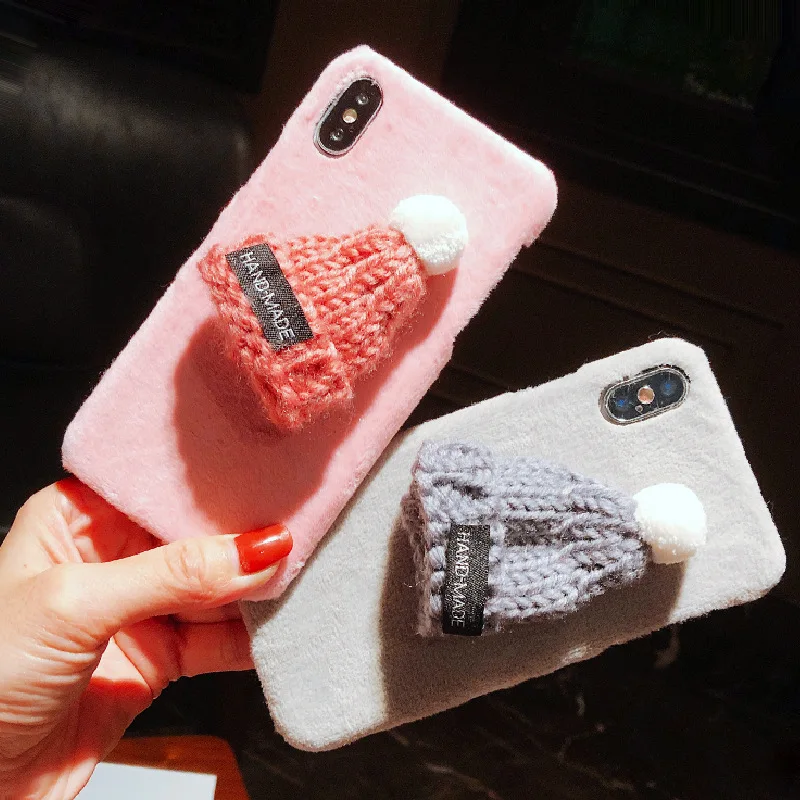 Christmas Cases For iPhone Xs Xr Max Cover 3D Knitted Hat Case X 8 Plus 7 6 6S New Year Coque |