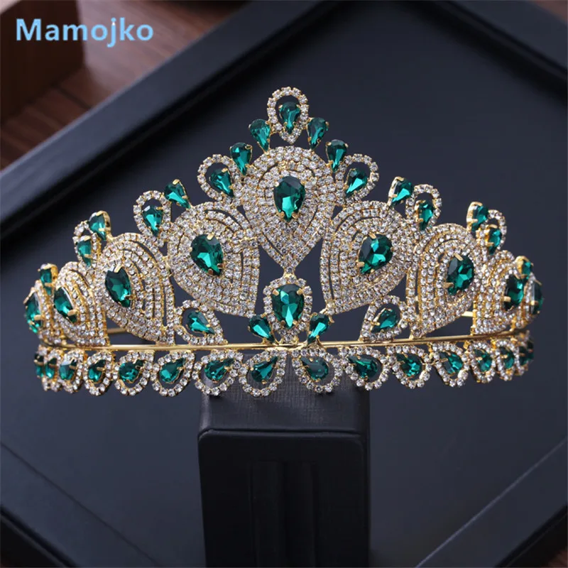 

Mamojko European Drop Green Red Crystal Tiaras Vintage Gold Rhinestone Pageant Crowns Baroque Wedding Hair Dress Accessories